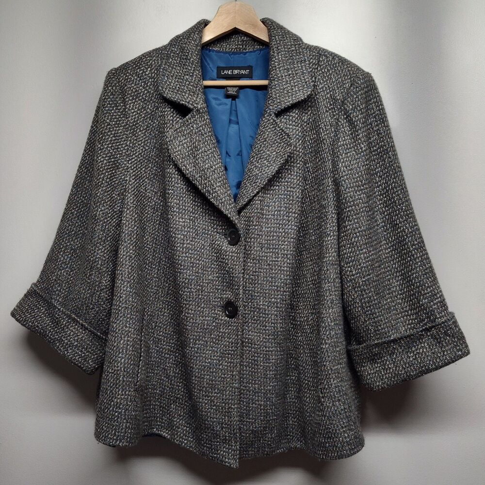 Lane Bryant Tweed Blazer Jacket Women Size 26 Olive Green 3/4 Sleeve Lined